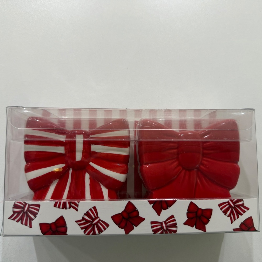 Kirkland's Home Red White Striped Bow Ceramic Salt and Pepper Shaker Set